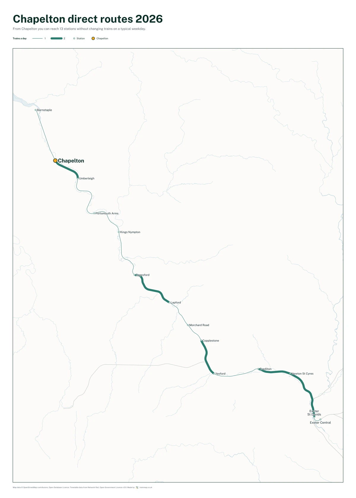 Chapelton direct routes 2026: a map of every station you can reach from Chapelton without changing trains, the lines thicker where more trains run