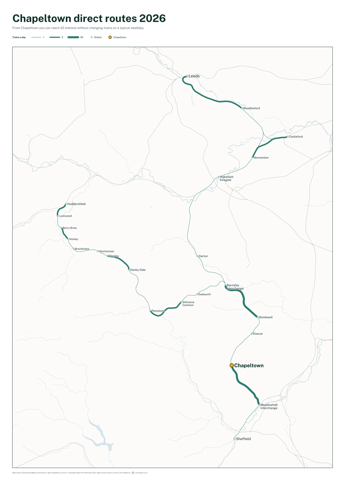 Chapeltown direct routes 2026: a map of every station you can reach from Chapeltown without changing trains, the lines thicker where more trains run