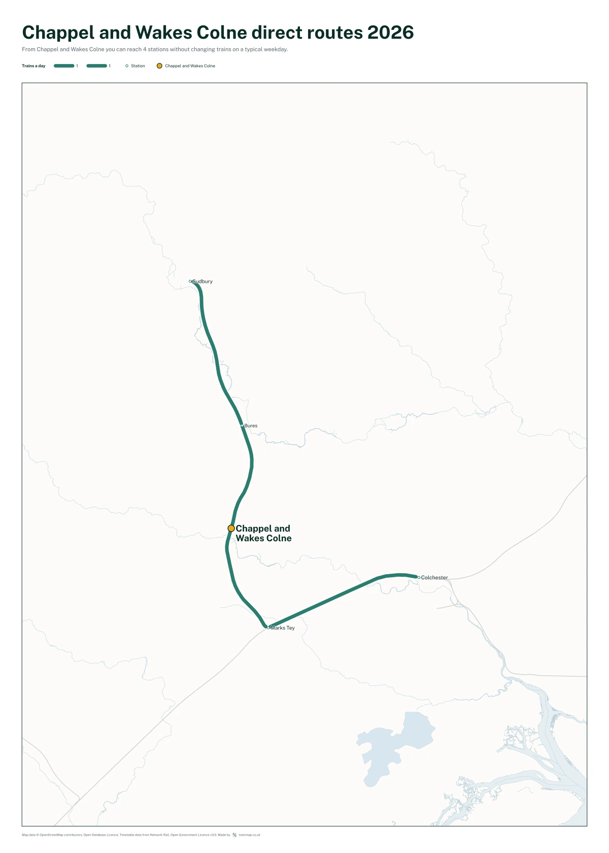Chappel and Wakes Colne direct routes 2026: a map of every station you can reach from Chappel and Wakes Colne without changing trains, the lines thicker where more trains run