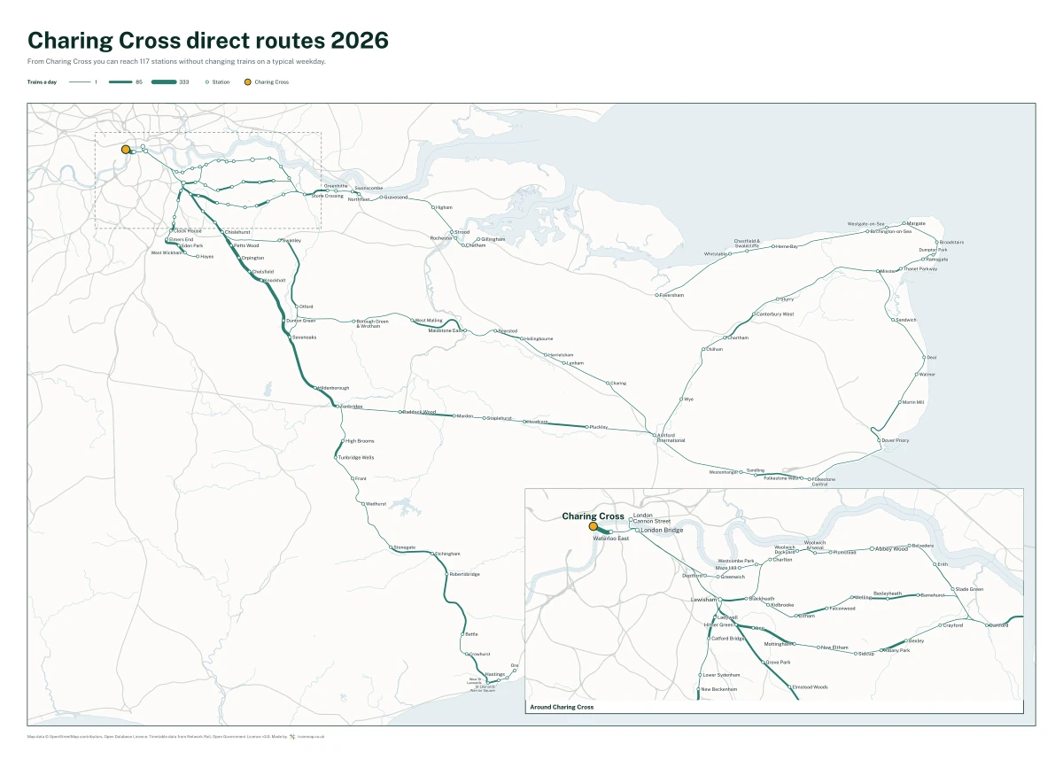 Charing Cross direct routes 2026: a map of every station you can reach from Charing Cross without changing trains, the lines thicker where more trains run