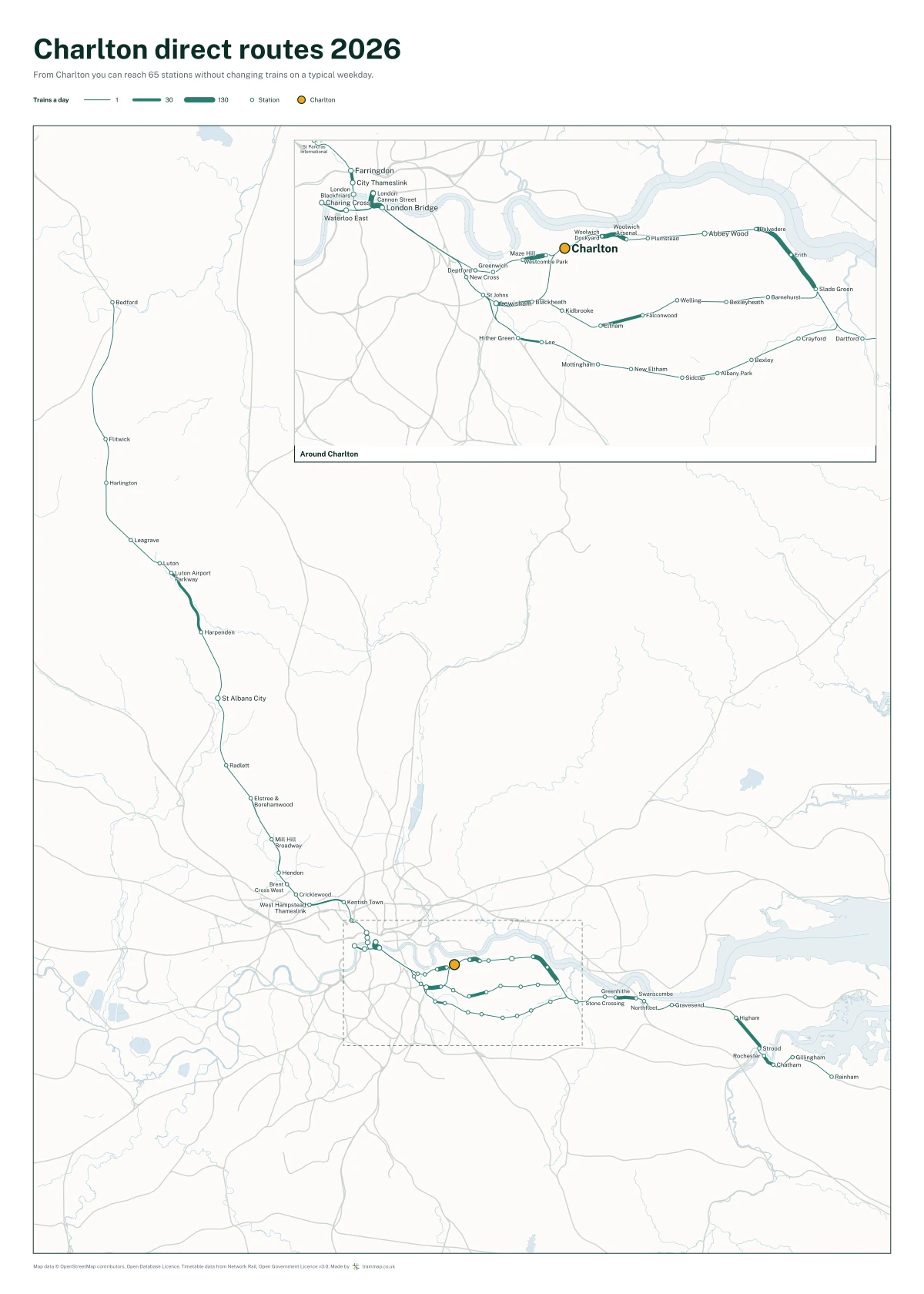 Charlton direct routes 2026: a map of every station you can reach from Charlton without changing trains, the lines thicker where more trains run