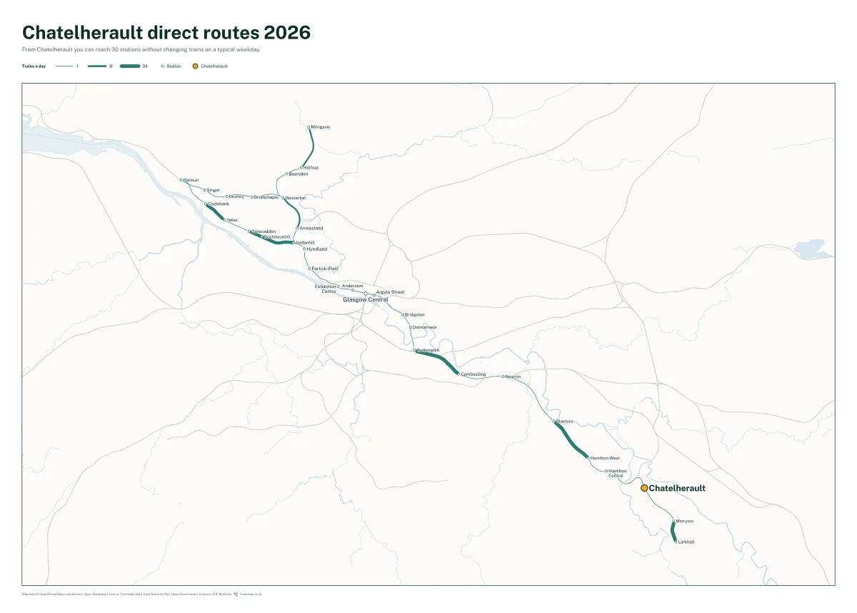 Chatelherault direct routes 2026: a map of every station you can reach from Chatelherault without changing trains, the lines thicker where more trains run