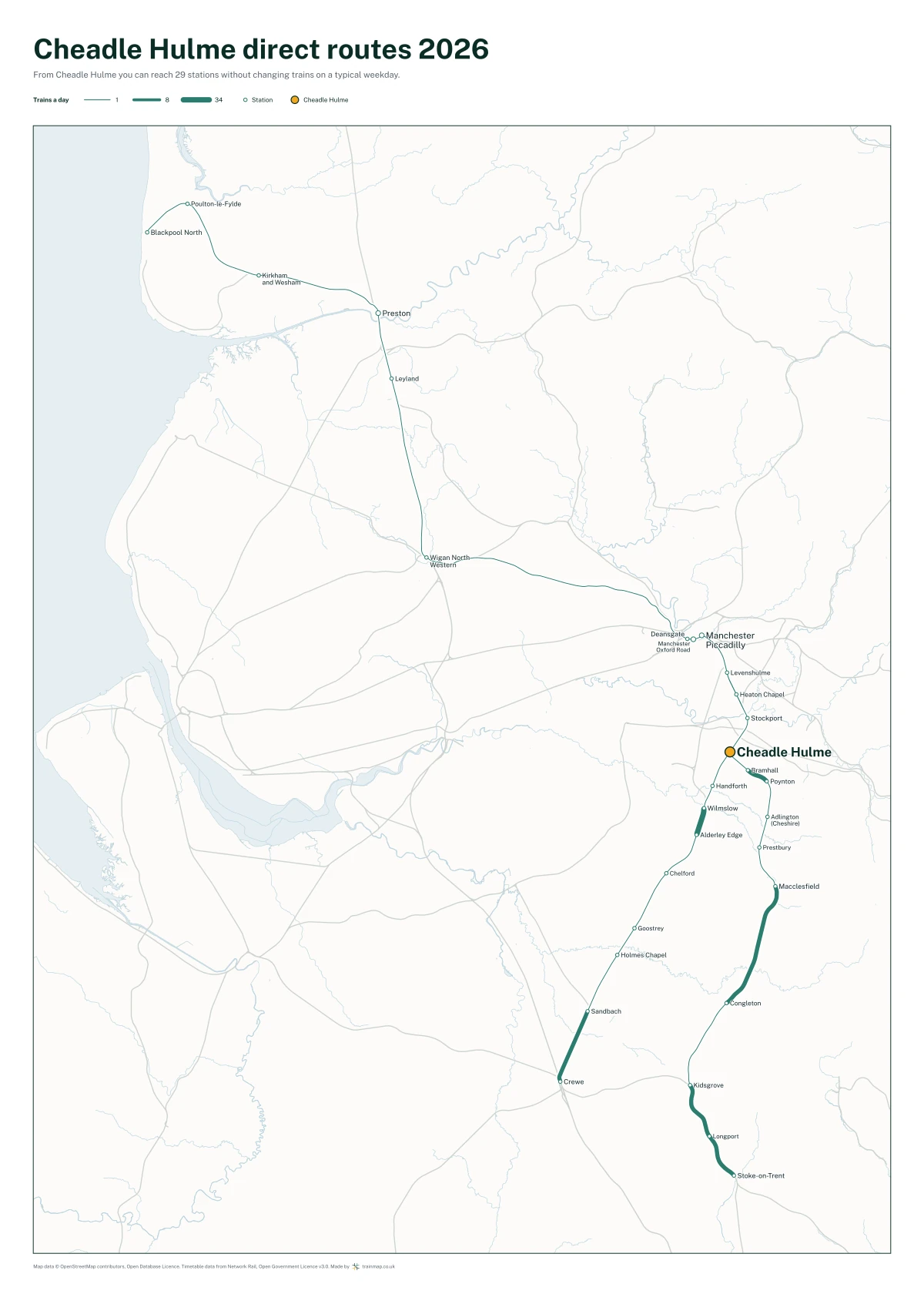 Cheadle Hulme direct routes 2026: a map of every station you can reach from Cheadle Hulme without changing trains, the lines thicker where more trains run
