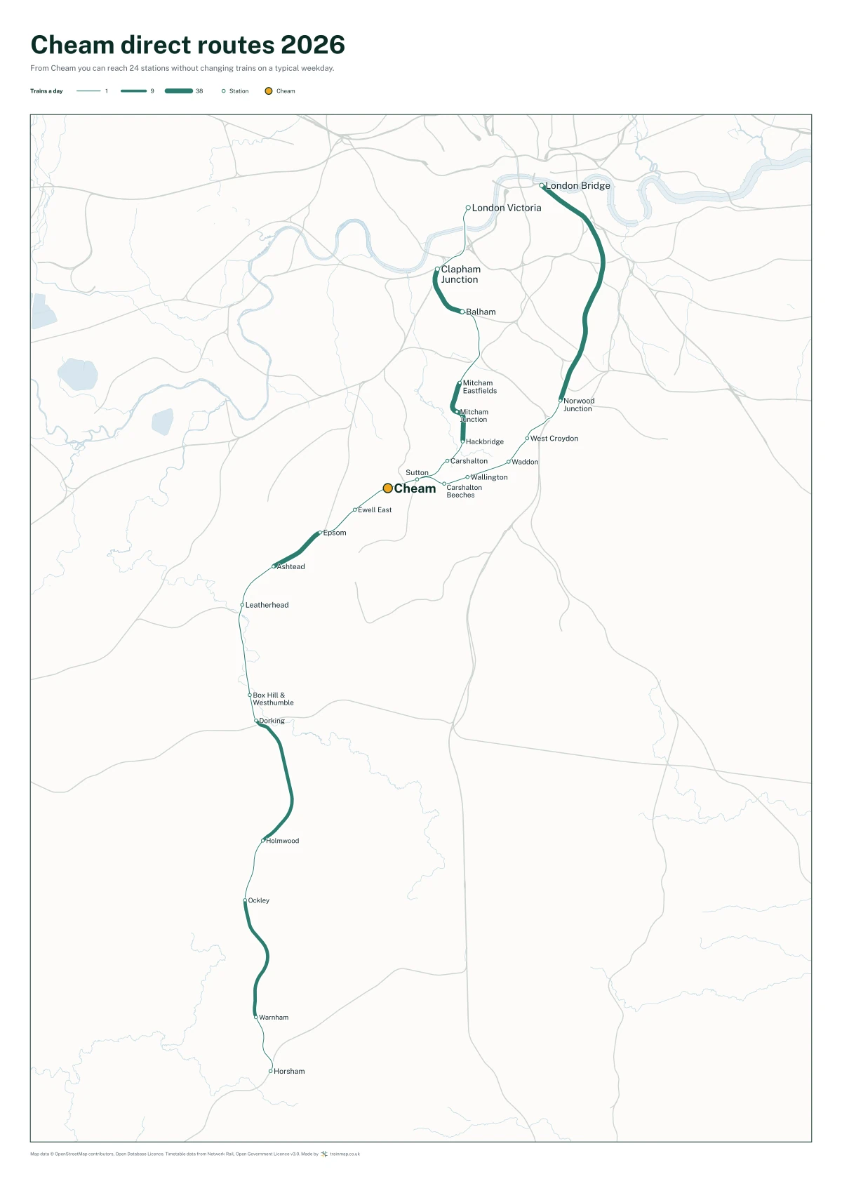 Cheam direct routes 2026: a map of every station you can reach from Cheam without changing trains, the lines thicker where more trains run