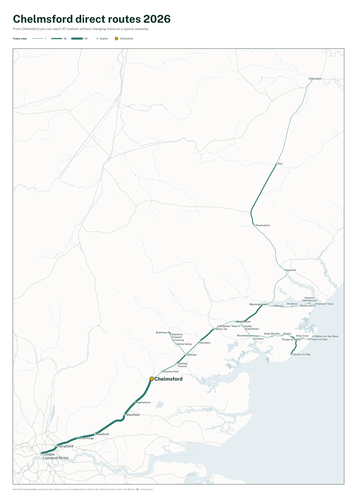 Chelmsford direct routes 2026: a map of every station you can reach from Chelmsford without changing trains, the lines thicker where more trains run
