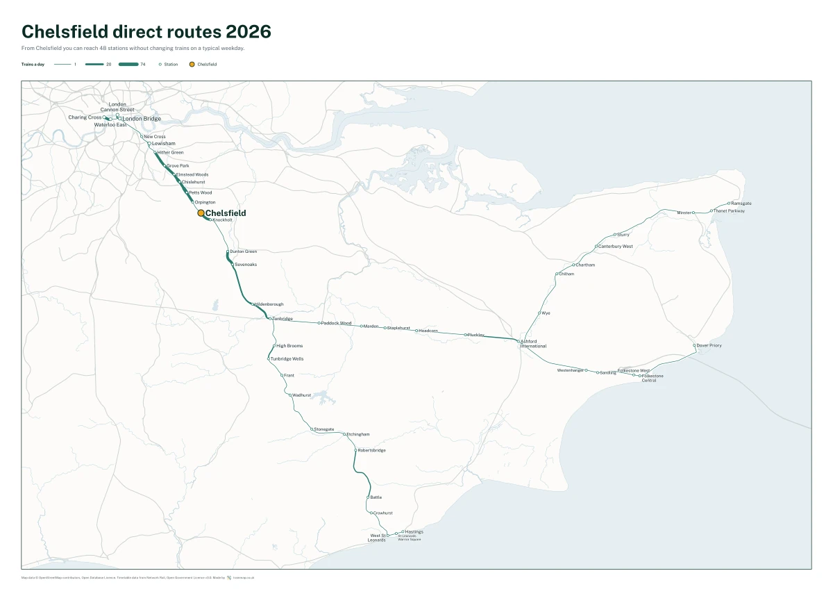 Chelsfield direct routes 2026: a map of every station you can reach from Chelsfield without changing trains, the lines thicker where more trains run