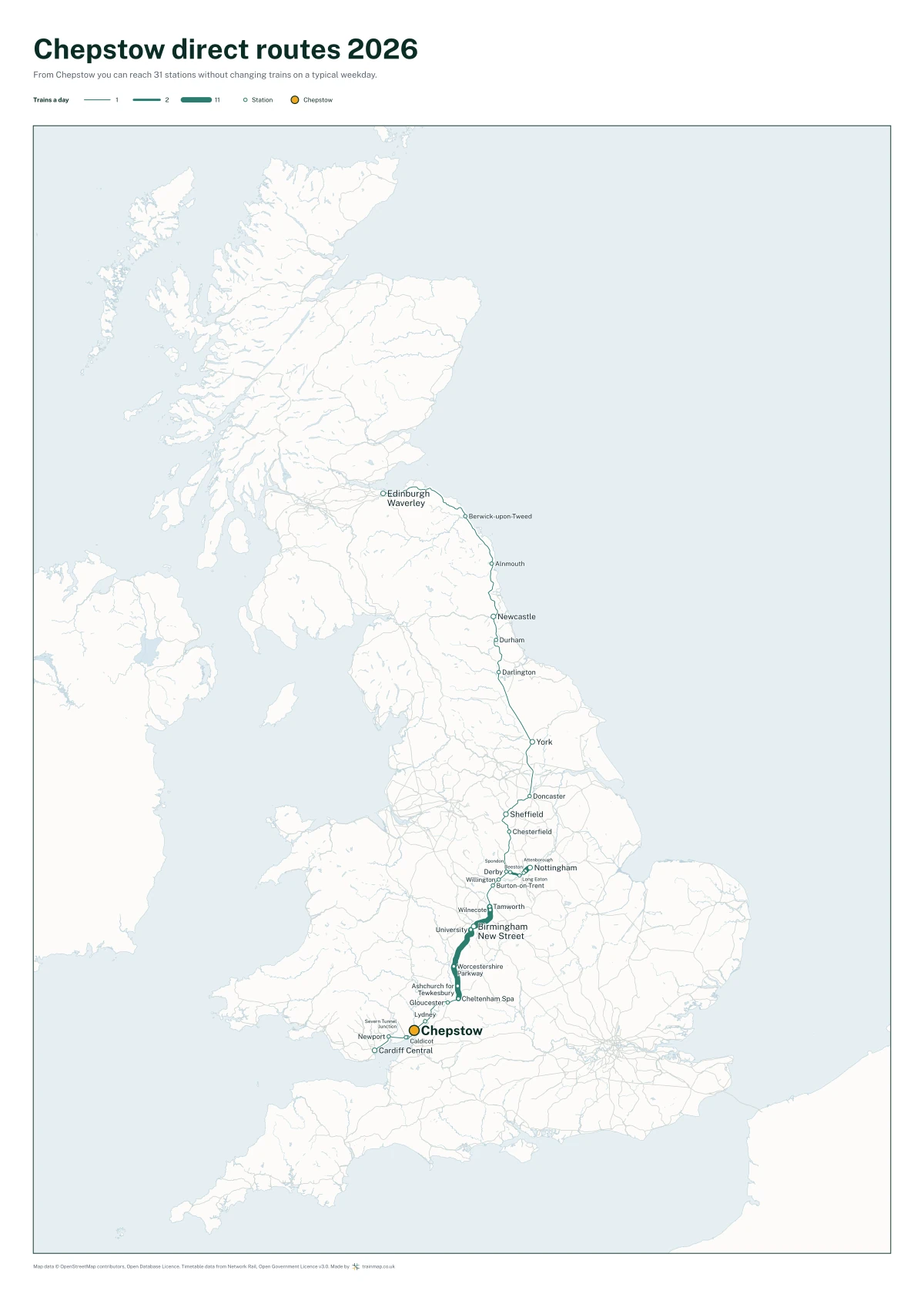 Chepstow direct routes 2026: a map of every station you can reach from Chepstow without changing trains, the lines thicker where more trains run