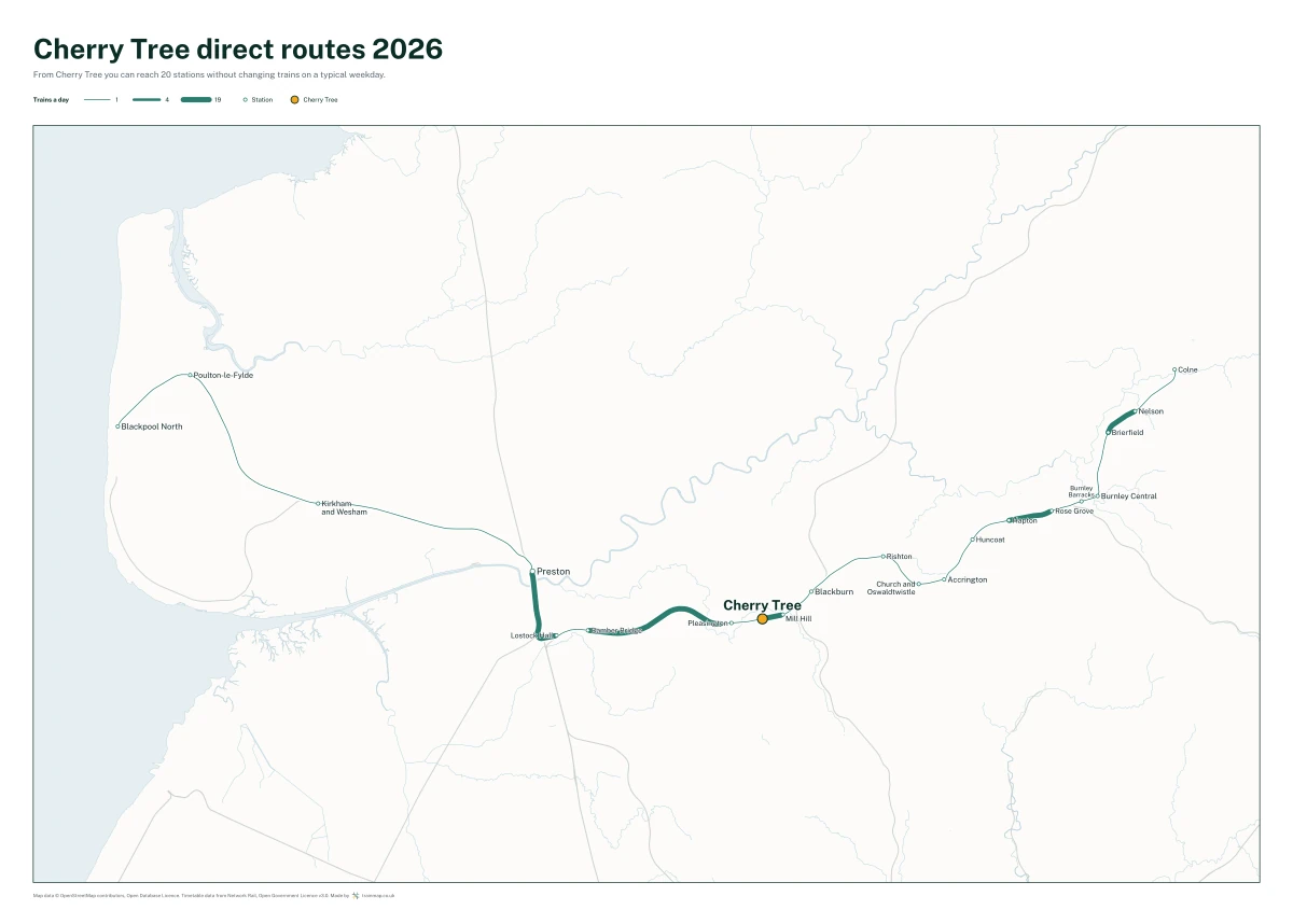 Cherry Tree direct routes 2026: a map of every station you can reach from Cherry Tree without changing trains, the lines thicker where more trains run