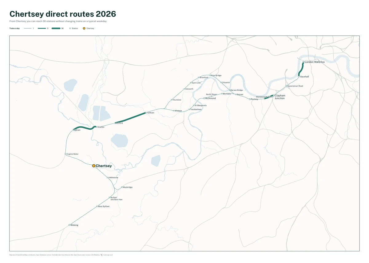 Chertsey direct routes 2026: a map of every station you can reach from Chertsey without changing trains, the lines thicker where more trains run