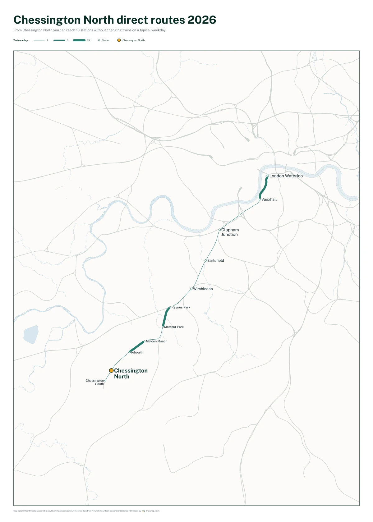 Chessington North direct routes 2026: a map of every station you can reach from Chessington North without changing trains, the lines thicker where more trains run