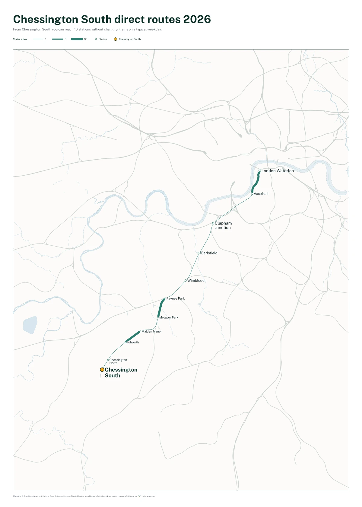 Chessington South direct routes 2026: a map of every station you can reach from Chessington South without changing trains, the lines thicker where more trains run