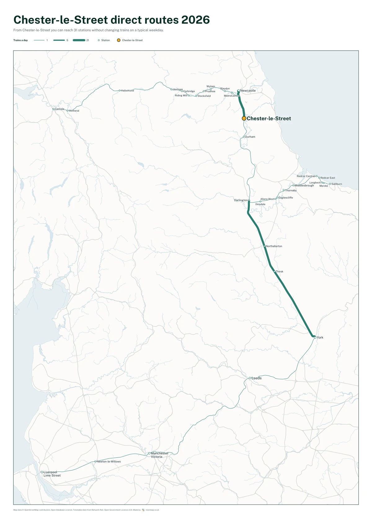 Chester-le-Street direct routes 2026: a map of every station you can reach from Chester-le-Street without changing trains, the lines thicker where more trains run