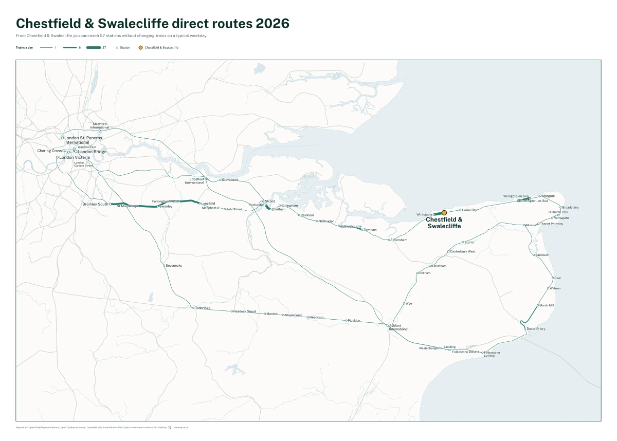 Chestfield & Swalecliffe direct routes 2026: a map of every station you can reach from Chestfield & Swalecliffe without changing trains, the lines thicker where more trains run