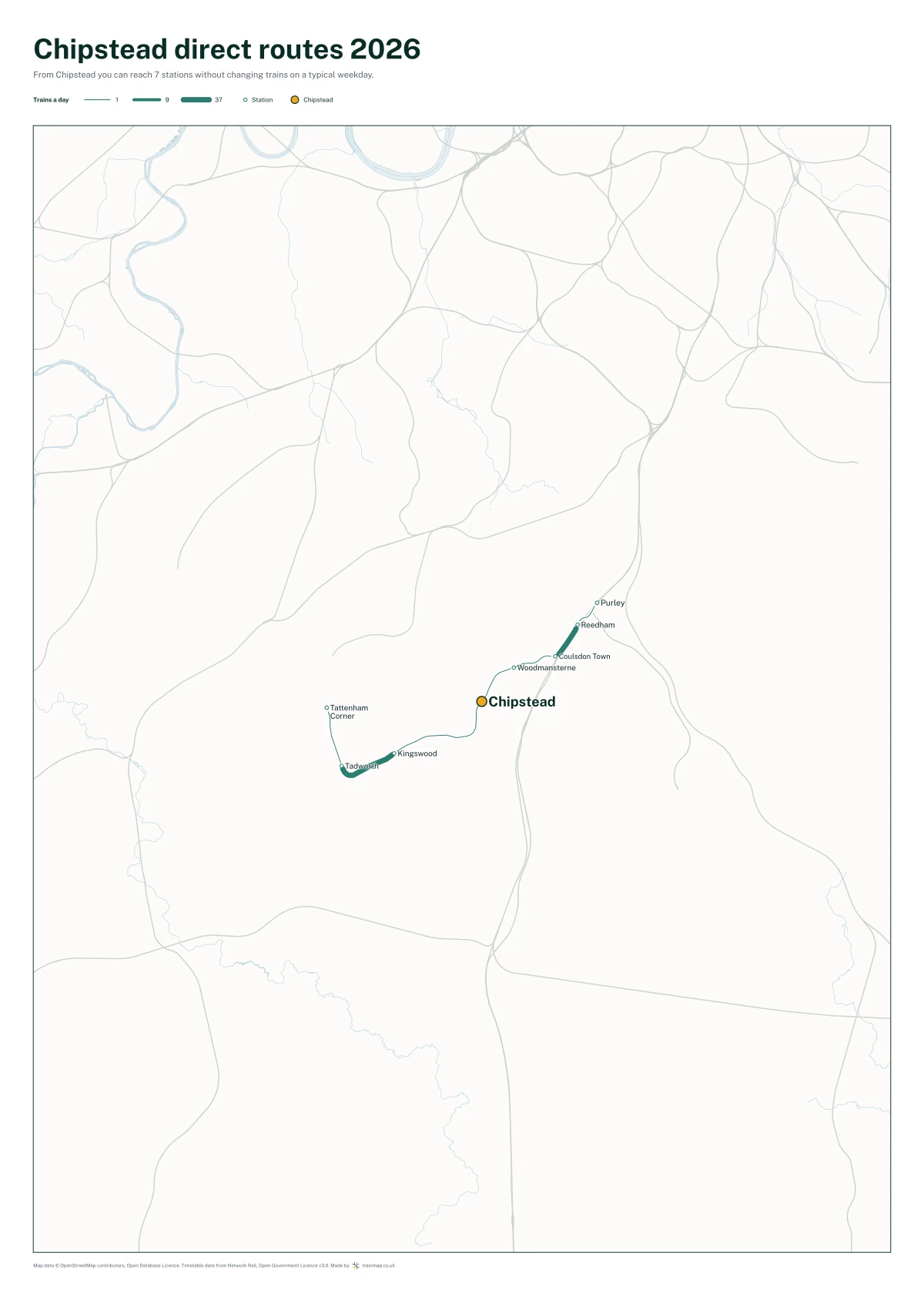 Chipstead direct routes 2026: a map of every station you can reach from Chipstead without changing trains, the lines thicker where more trains run