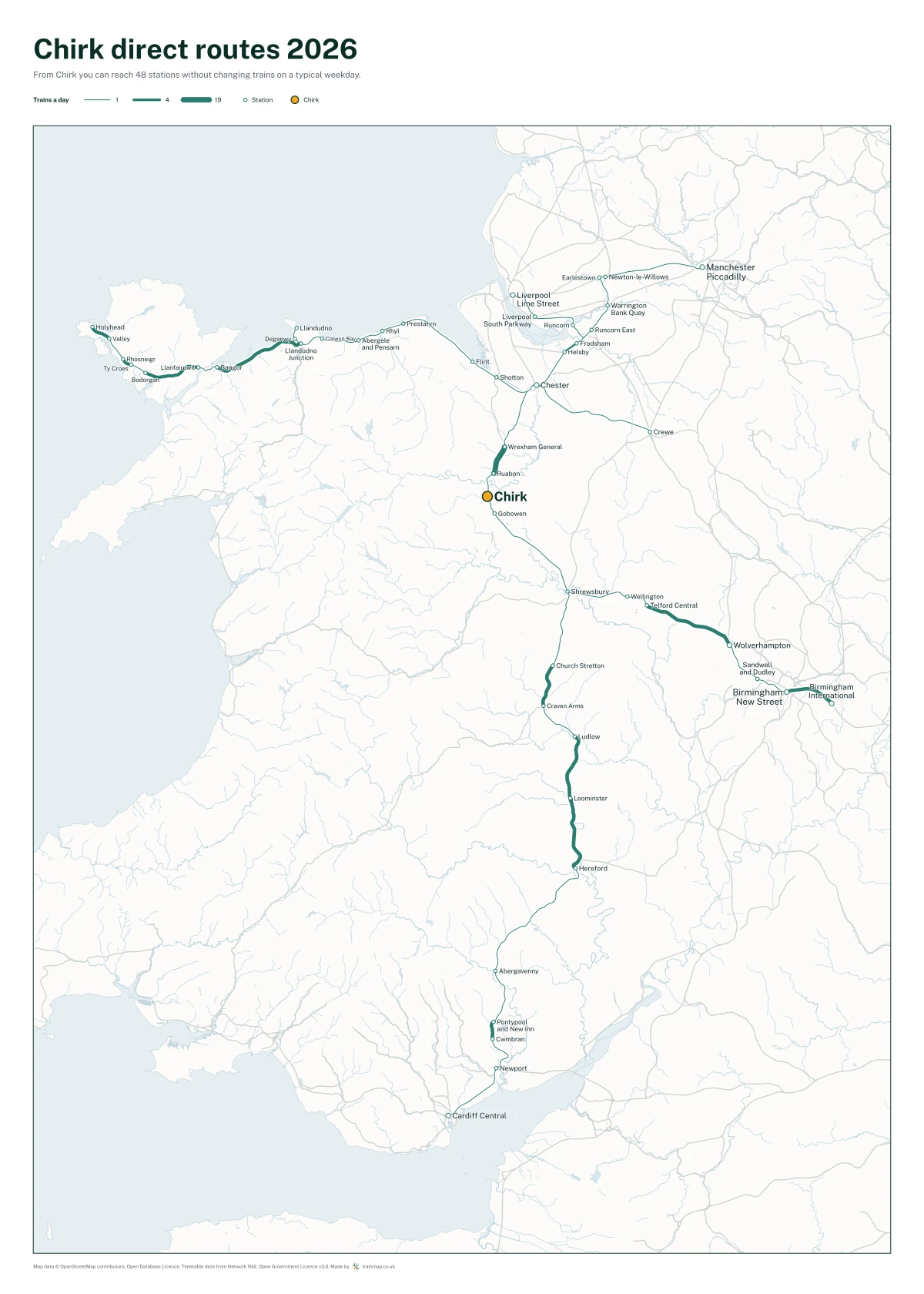 Chirk direct routes 2026: a map of every station you can reach from Chirk without changing trains, the lines thicker where more trains run
