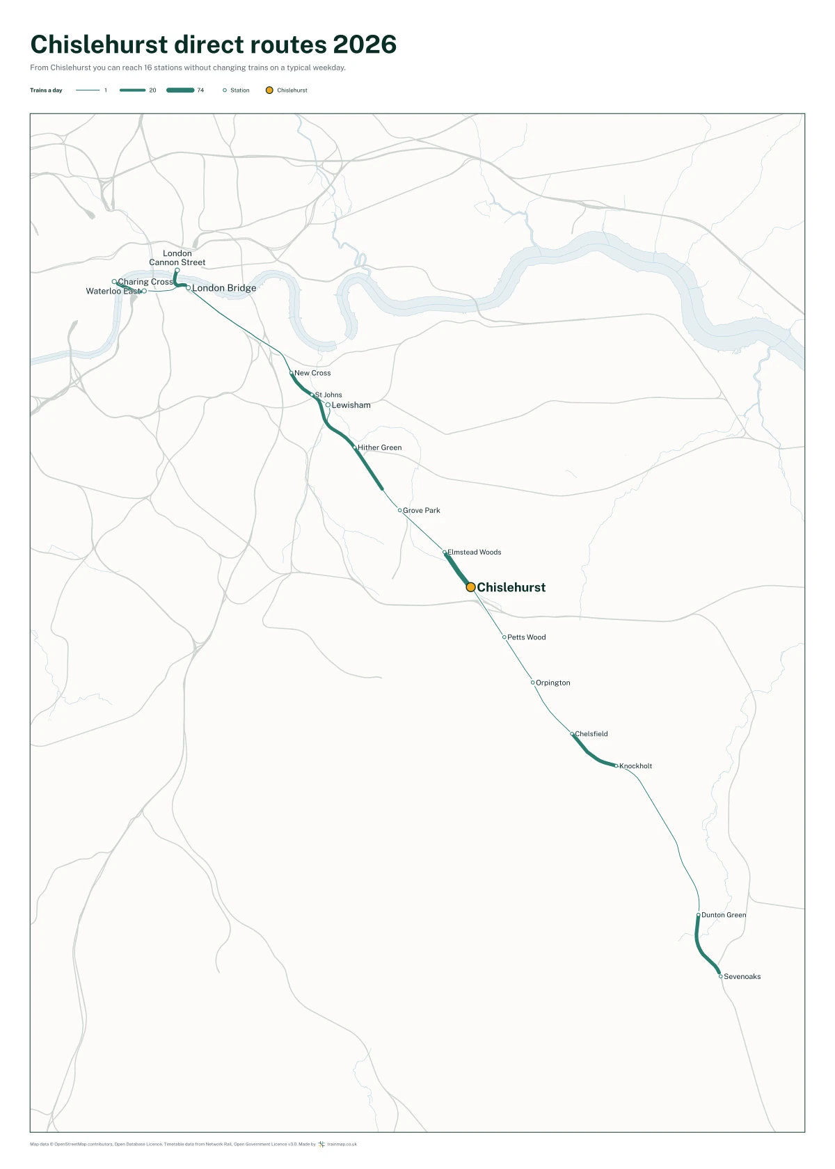 Chislehurst direct routes 2026: a map of every station you can reach from Chislehurst without changing trains, the lines thicker where more trains run