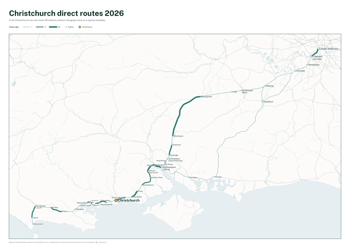 Christchurch direct routes 2026: a map of every station you can reach from Christchurch without changing trains, the lines thicker where more trains run