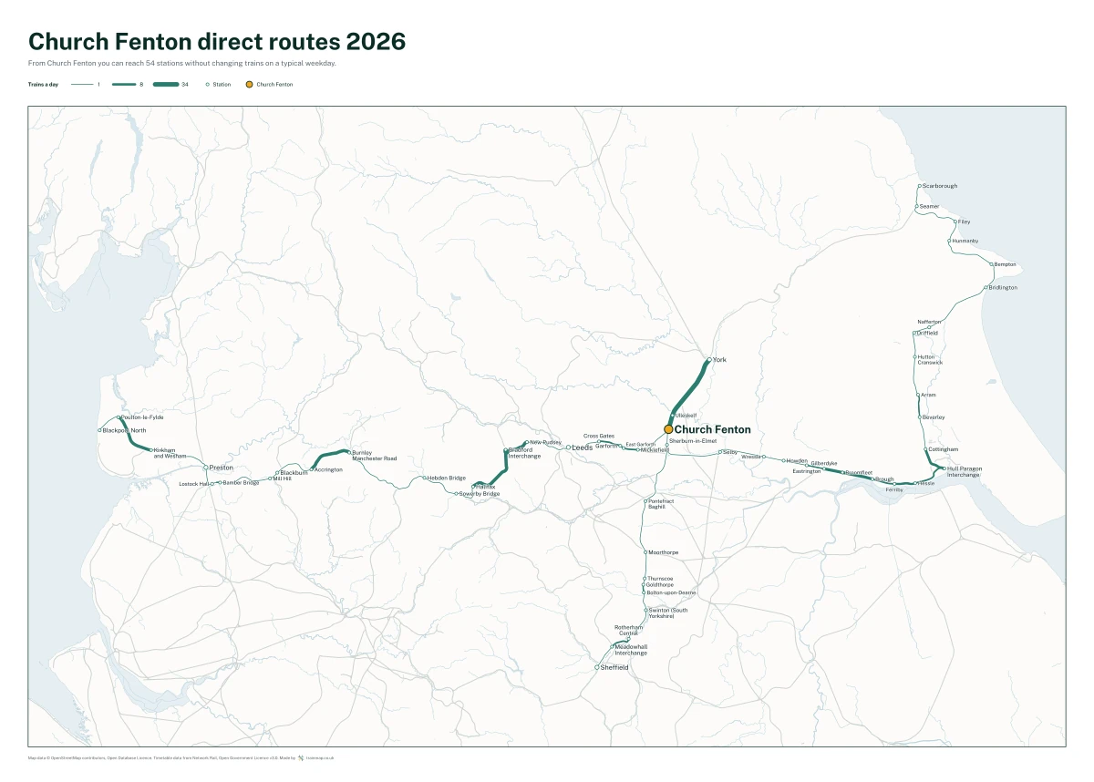 Church Fenton direct routes 2026: a map of every station you can reach from Church Fenton without changing trains, the lines thicker where more trains run