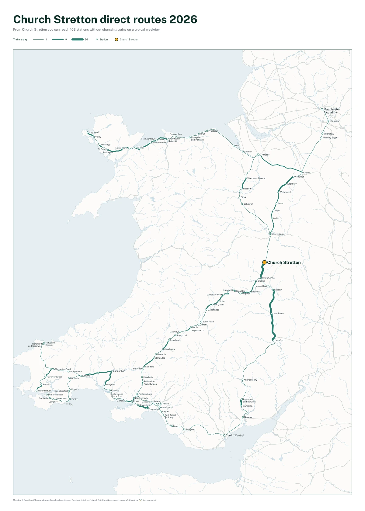 Church Stretton direct routes 2026: a map of every station you can reach from Church Stretton without changing trains, the lines thicker where more trains run