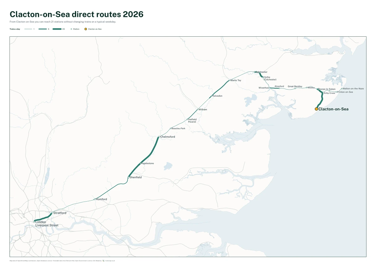 Clacton-on-Sea direct routes 2026: a map of every station you can reach from Clacton-on-Sea without changing trains, the lines thicker where more trains run
