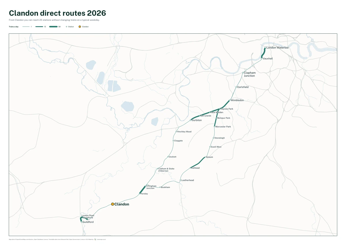 Clandon direct routes 2026: a map of every station you can reach from Clandon without changing trains, the lines thicker where more trains run