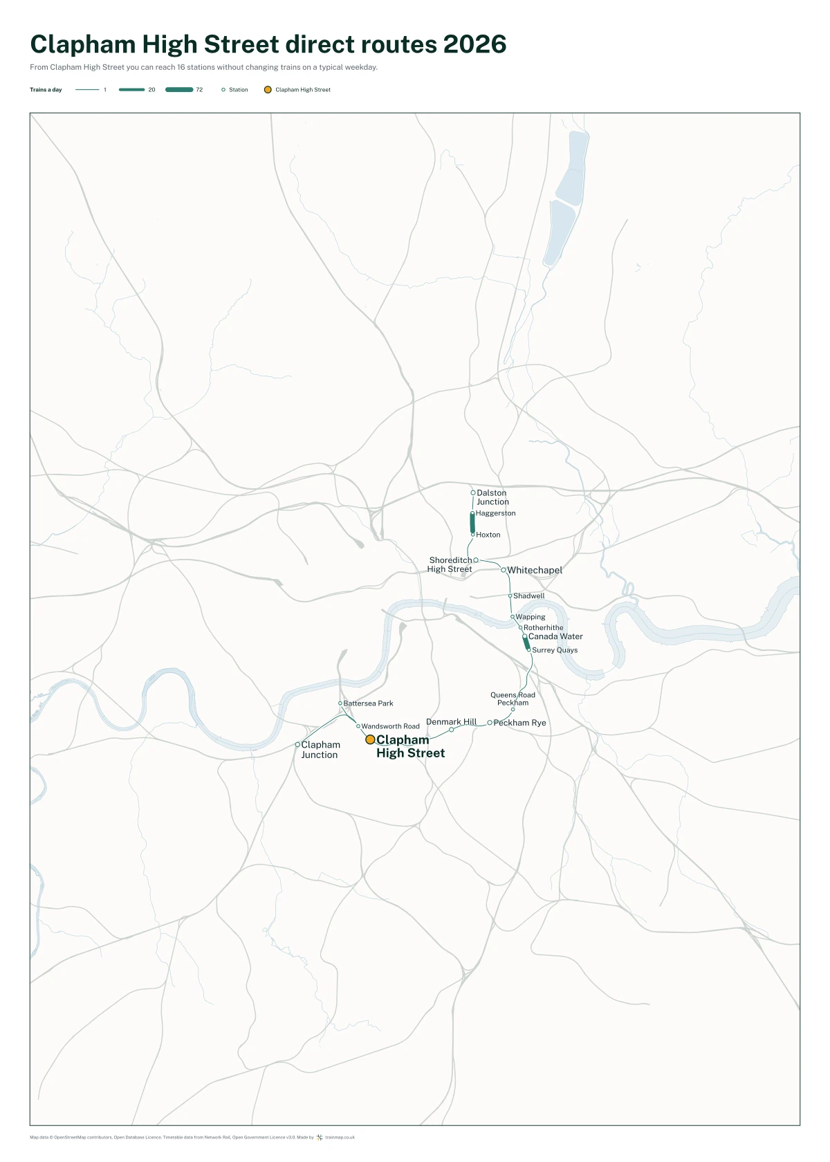 Clapham High Street direct routes 2026: a map of every station you can reach from Clapham High Street without changing trains, the lines thicker where more trains run