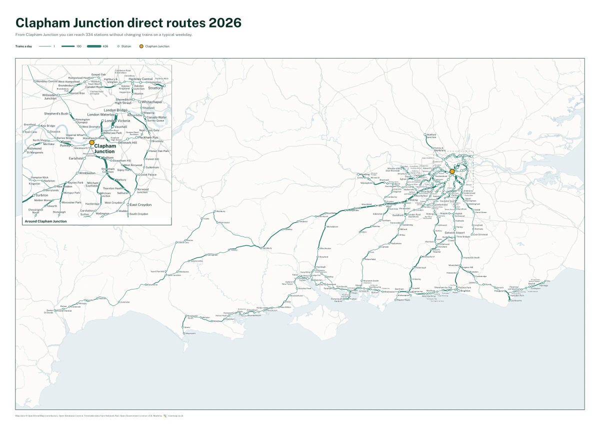 Clapham Junction direct routes 2026: a map of every station you can reach from Clapham Junction without changing trains, the lines thicker where more trains run