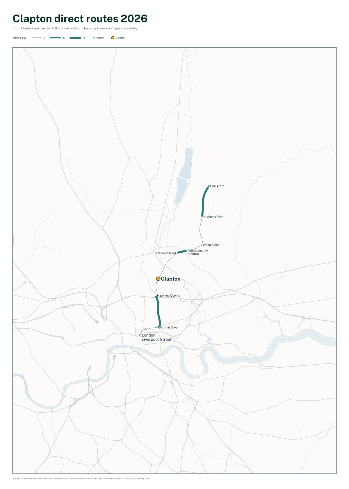 Clapton direct routes 2026: a map of every station you can reach from Clapton without changing trains, the lines thicker where more trains run