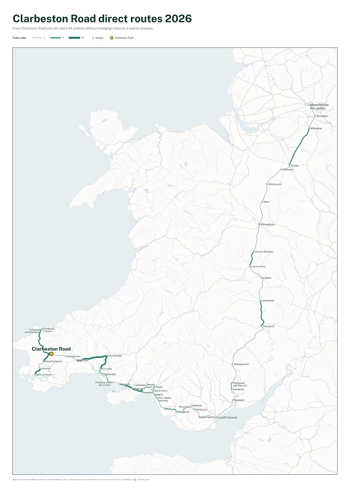 Clarbeston Road direct routes 2026: a map of every station you can reach from Clarbeston Road without changing trains, the lines thicker where more trains run