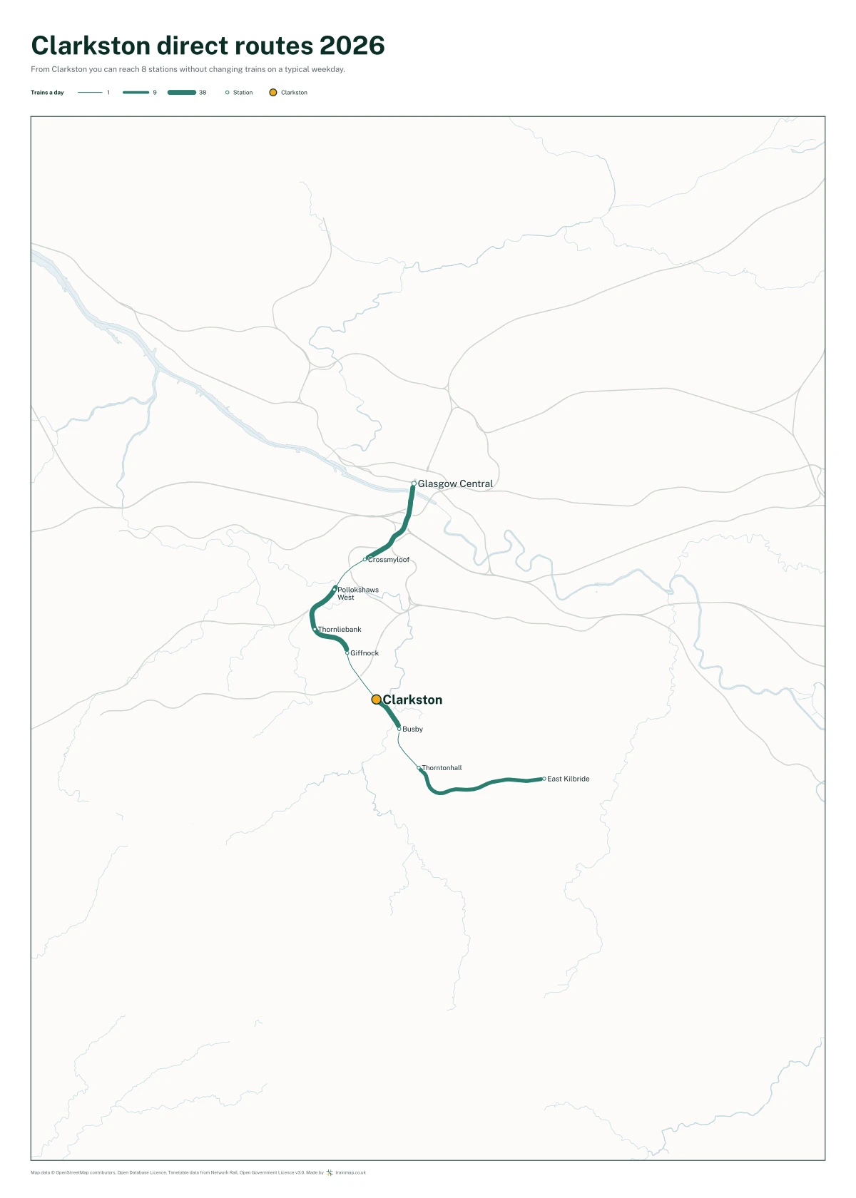 Clarkston direct routes 2026: a map of every station you can reach from Clarkston without changing trains, the lines thicker where more trains run