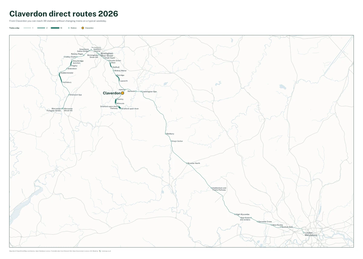 Claverdon direct routes 2026: a map of every station you can reach from Claverdon without changing trains, the lines thicker where more trains run