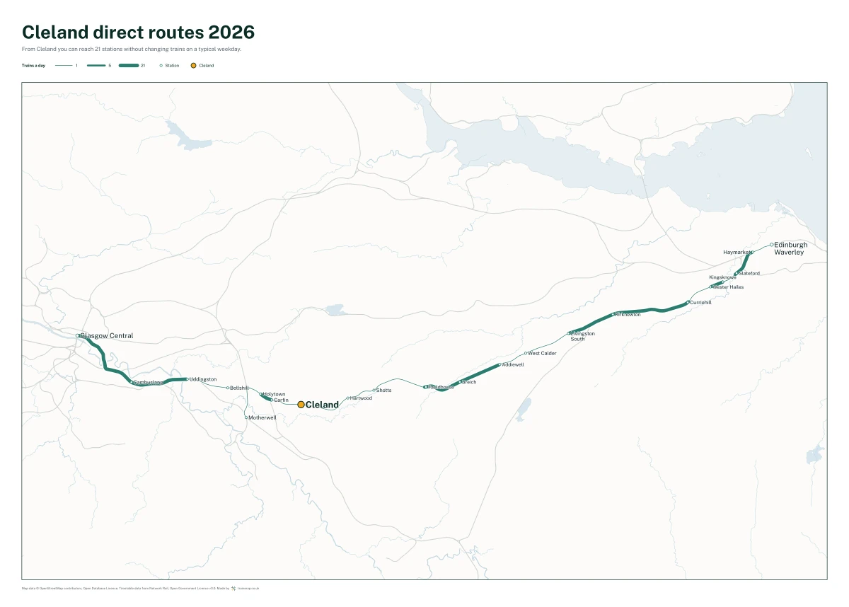 Cleland direct routes 2026: a map of every station you can reach from Cleland without changing trains, the lines thicker where more trains run