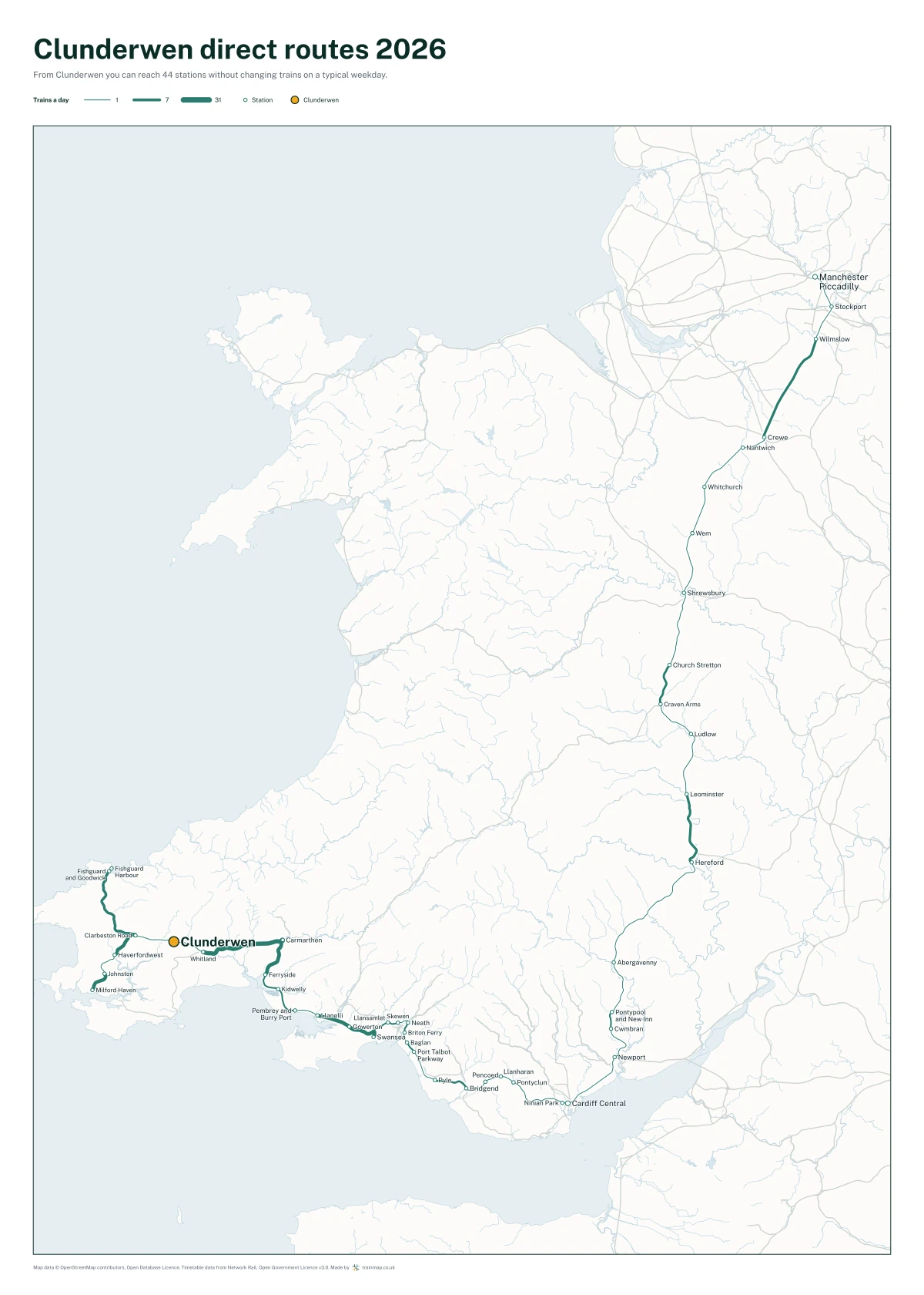 Clunderwen direct routes 2026: a map of every station you can reach from Clunderwen without changing trains, the lines thicker where more trains run
