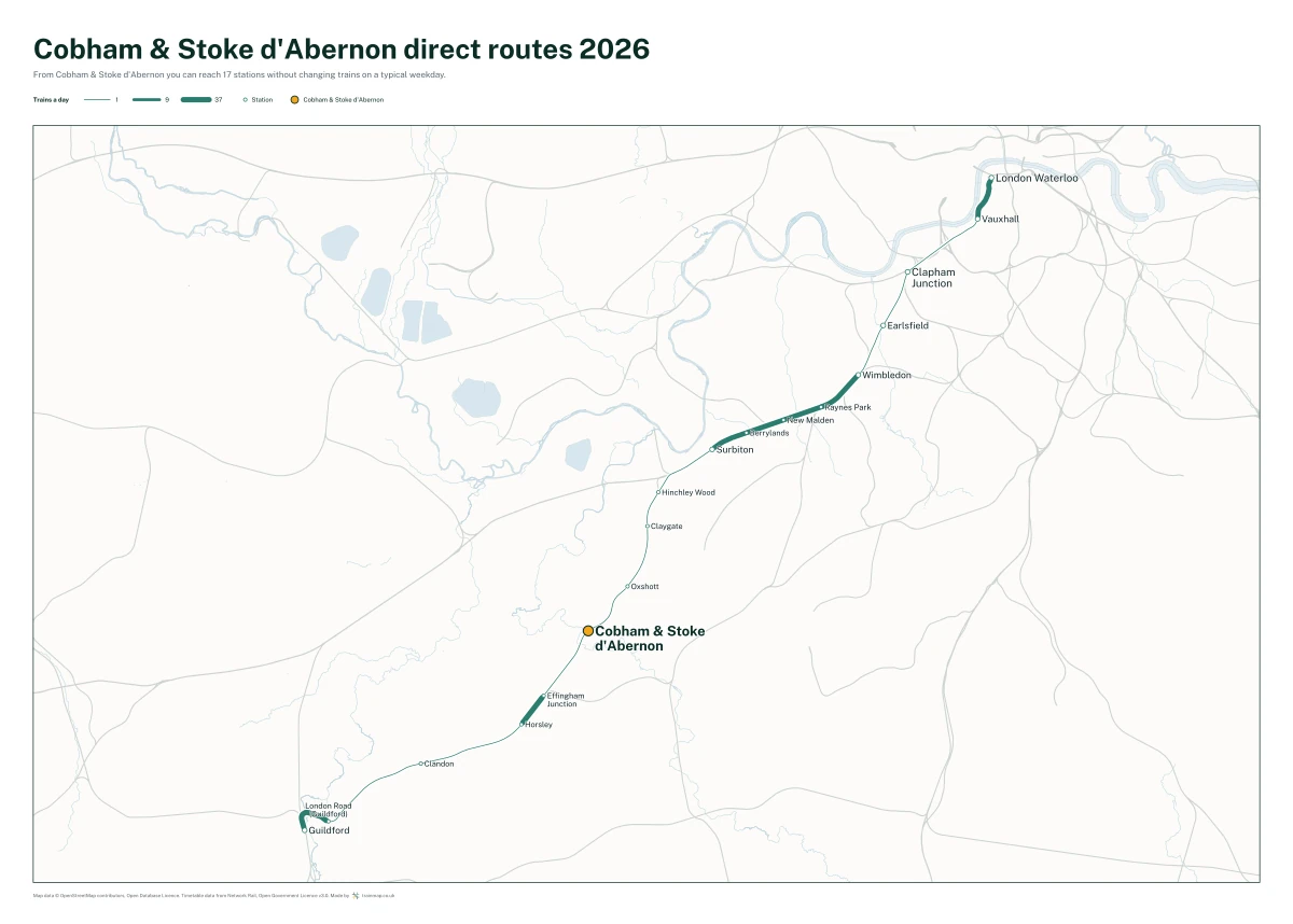 Cobham & Stoke d'Abernon direct routes 2026: a map of every station you can reach from Cobham & Stoke d'Abernon without changing trains, the lines thicker where more trains run