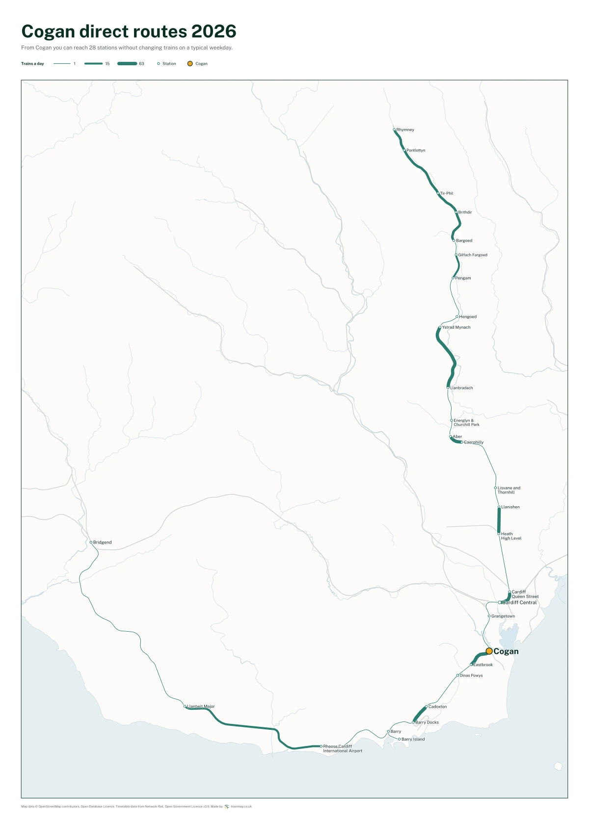 Cogan direct routes 2026: a map of every station you can reach from Cogan without changing trains, the lines thicker where more trains run
