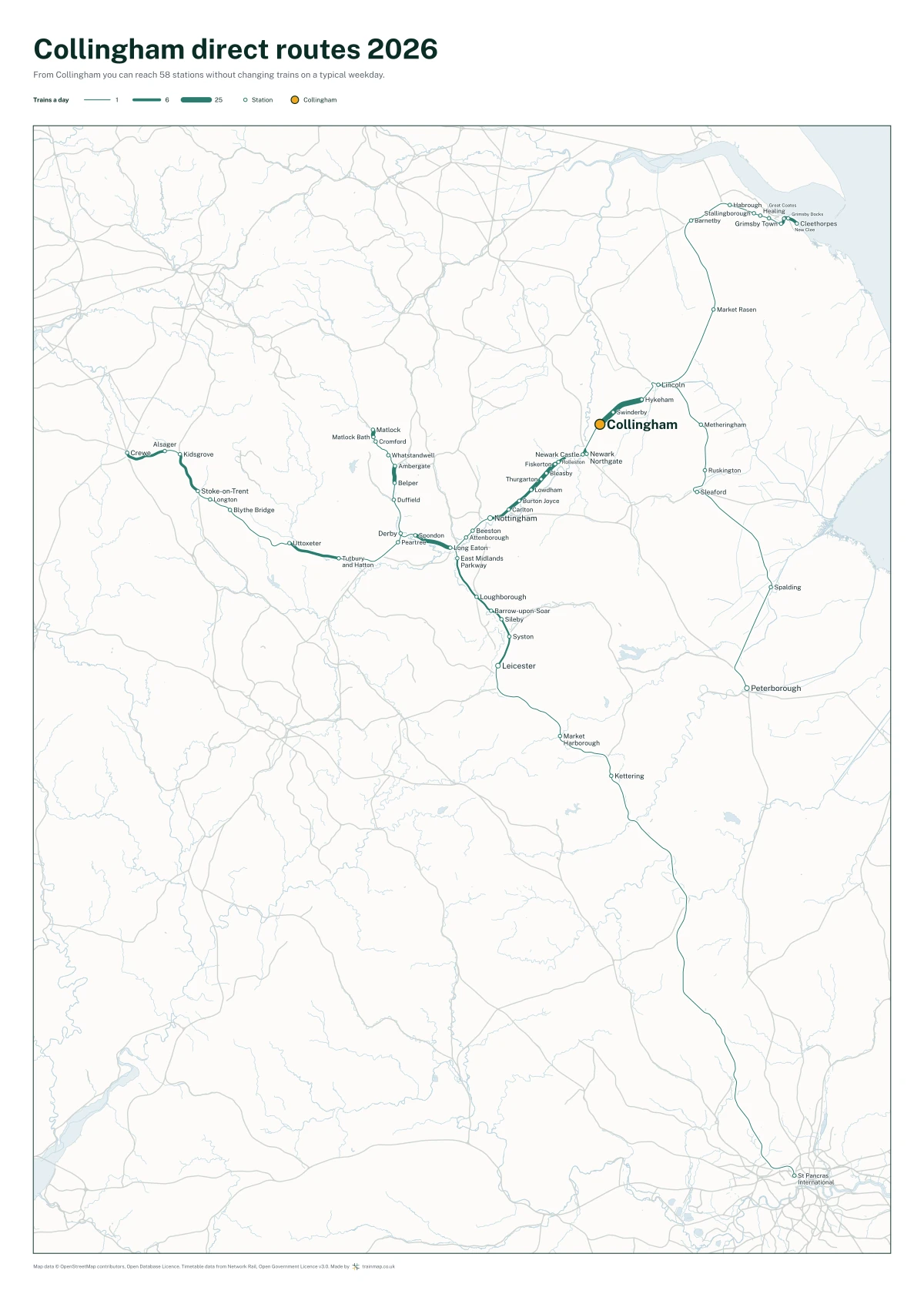 Collingham direct routes 2026: a map of every station you can reach from Collingham without changing trains, the lines thicker where more trains run