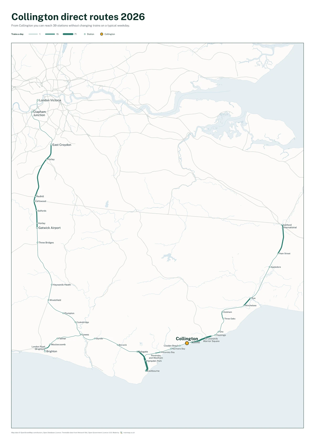 Collington direct routes 2026: a map of every station you can reach from Collington without changing trains, the lines thicker where more trains run