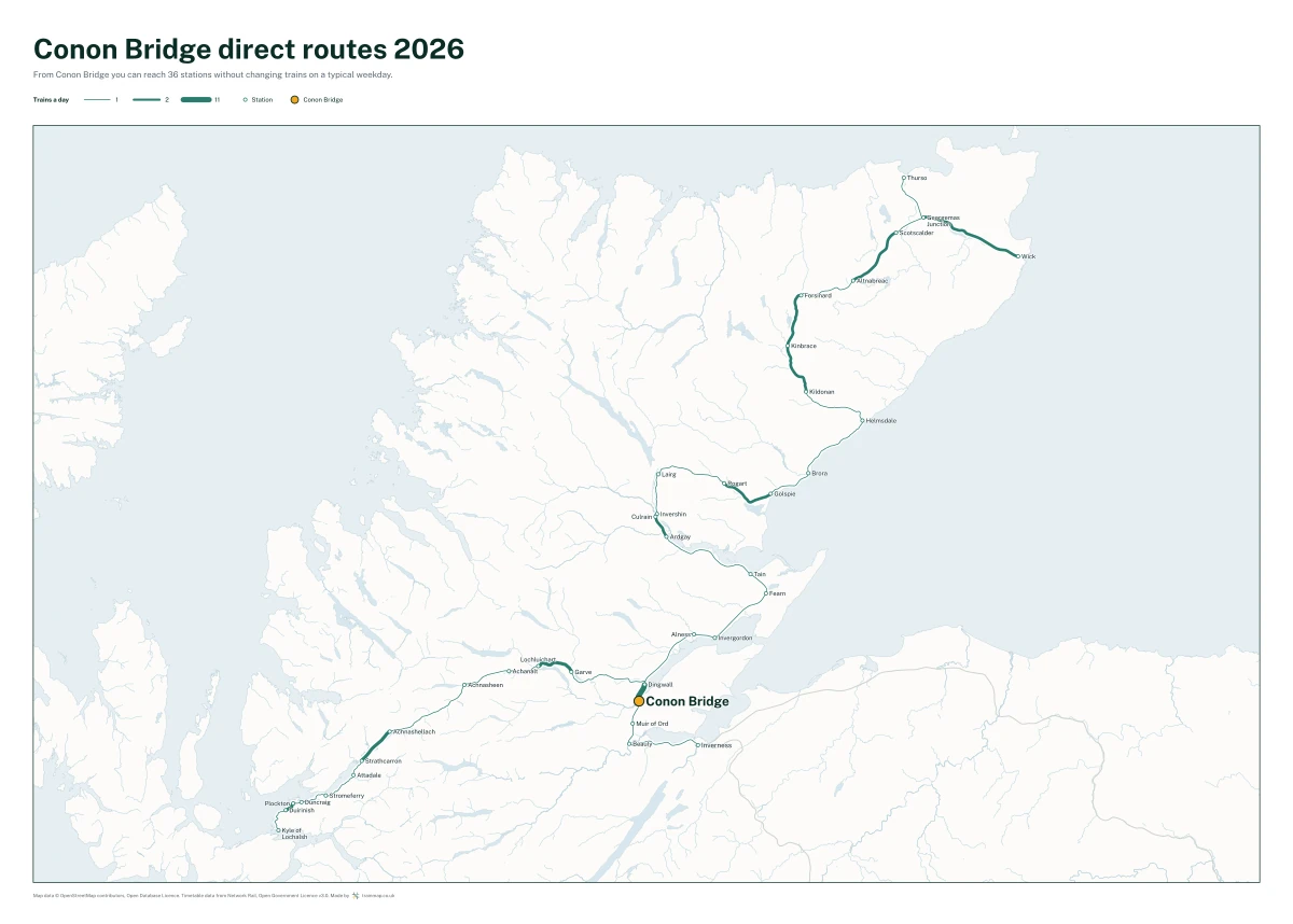 Conon Bridge direct routes 2026: a map of every station you can reach from Conon Bridge without changing trains, the lines thicker where more trains run