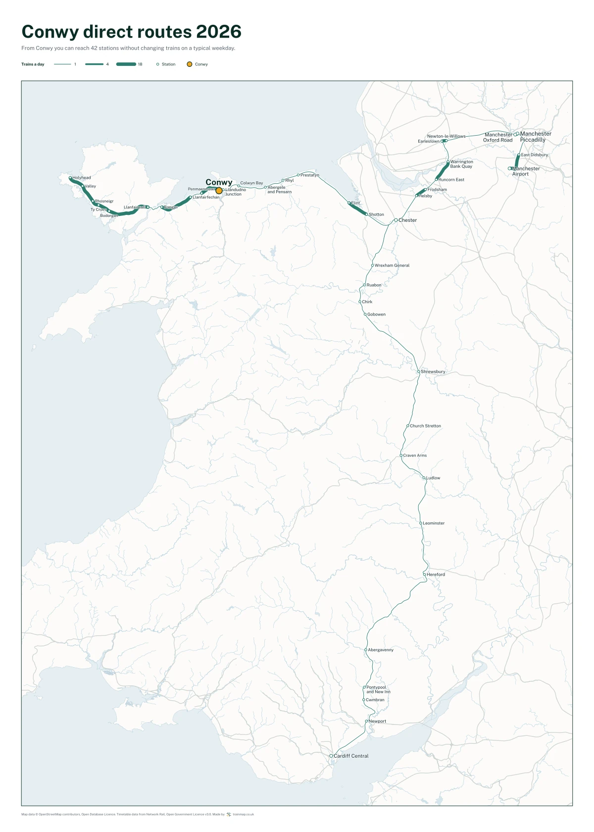 Conwy direct routes 2026: a map of every station you can reach from Conwy without changing trains, the lines thicker where more trains run