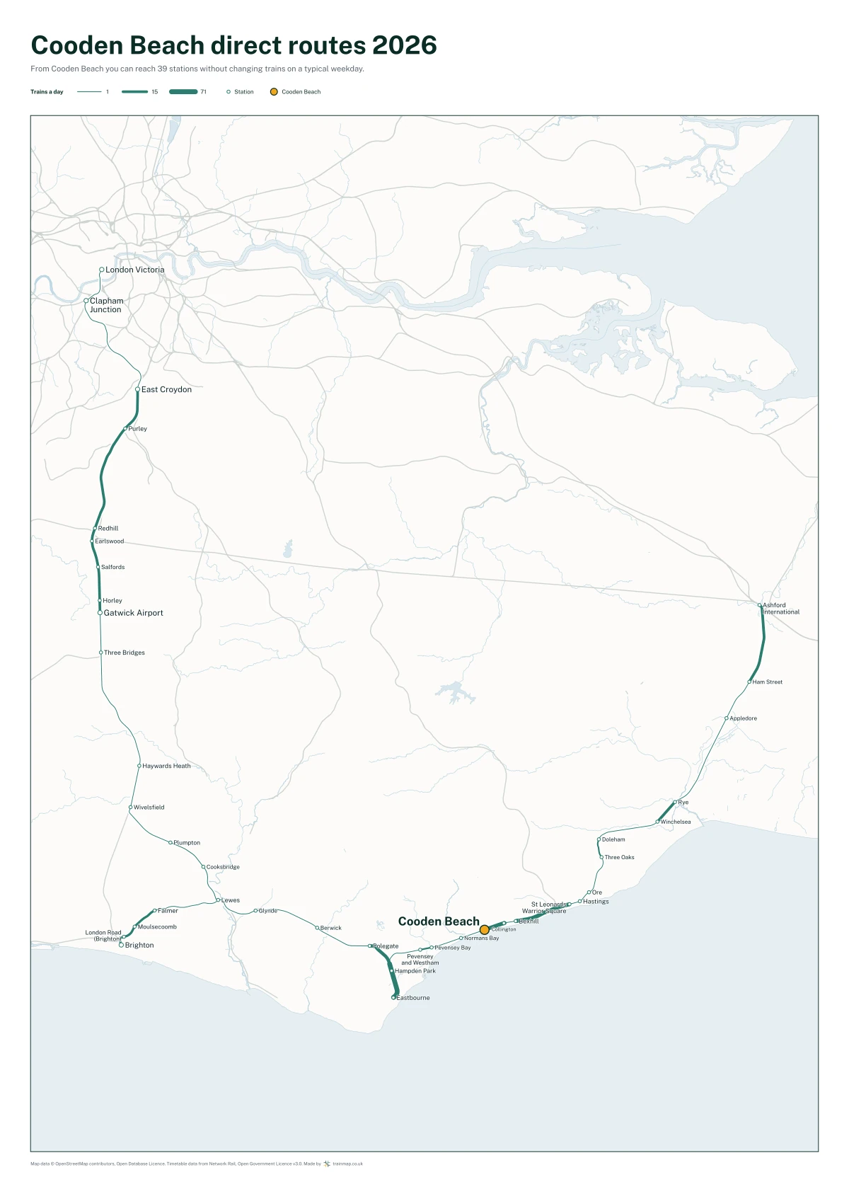 Cooden Beach direct routes 2026: a map of every station you can reach from Cooden Beach without changing trains, the lines thicker where more trains run