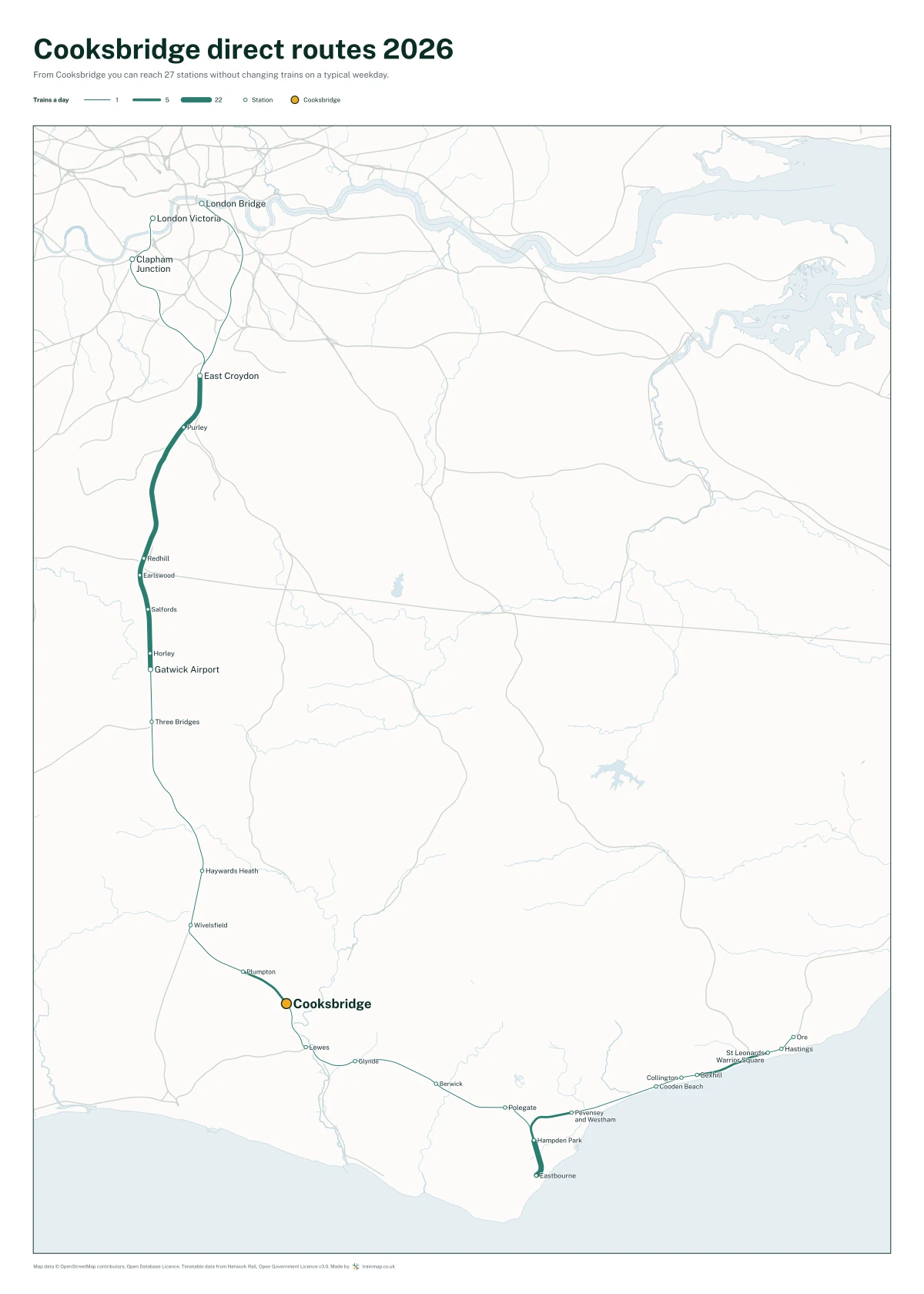 Cooksbridge direct routes 2026: a map of every station you can reach from Cooksbridge without changing trains, the lines thicker where more trains run