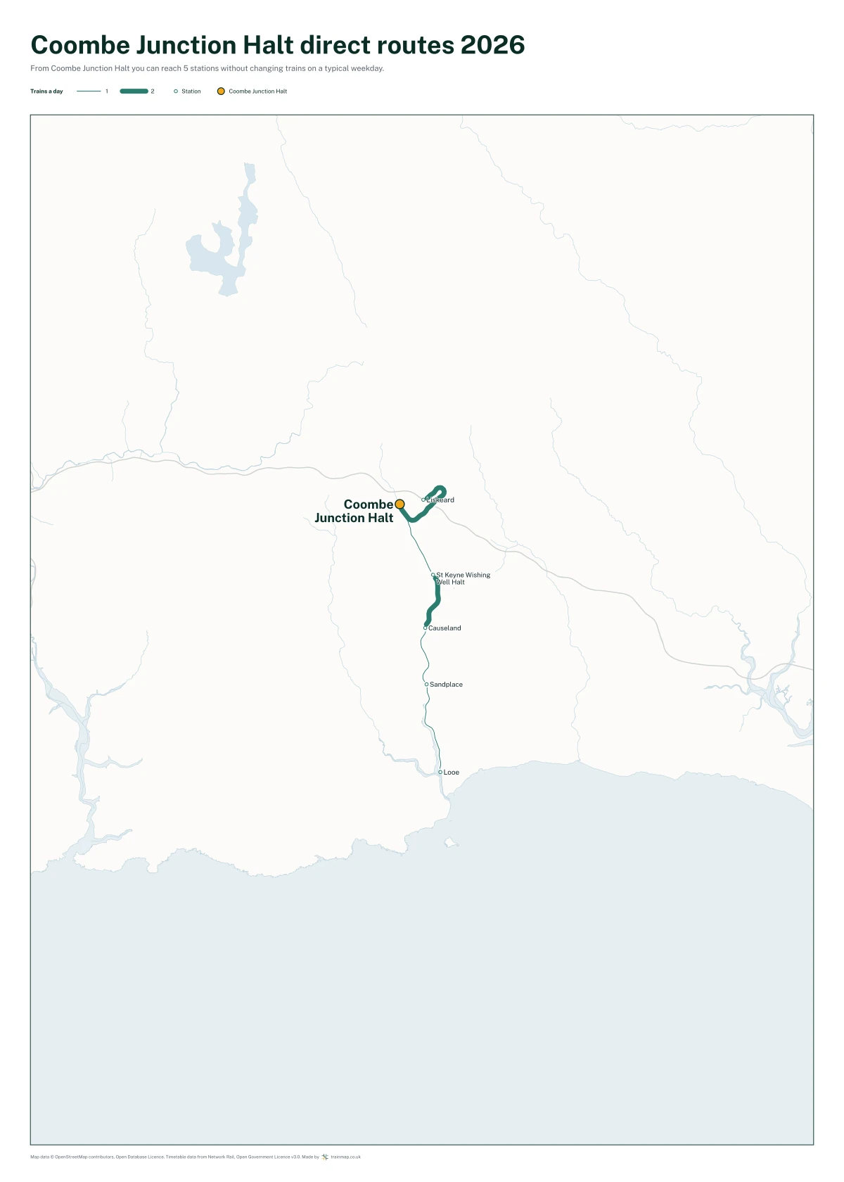 Coombe Junction Halt direct routes 2026: a map of every station you can reach from Coombe Junction Halt without changing trains, the lines thicker where more trains run
