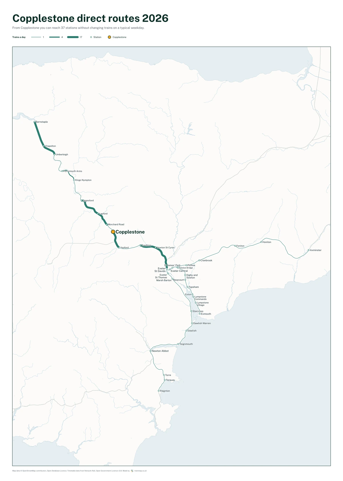 Copplestone direct routes 2026: a map of every station you can reach from Copplestone without changing trains, the lines thicker where more trains run