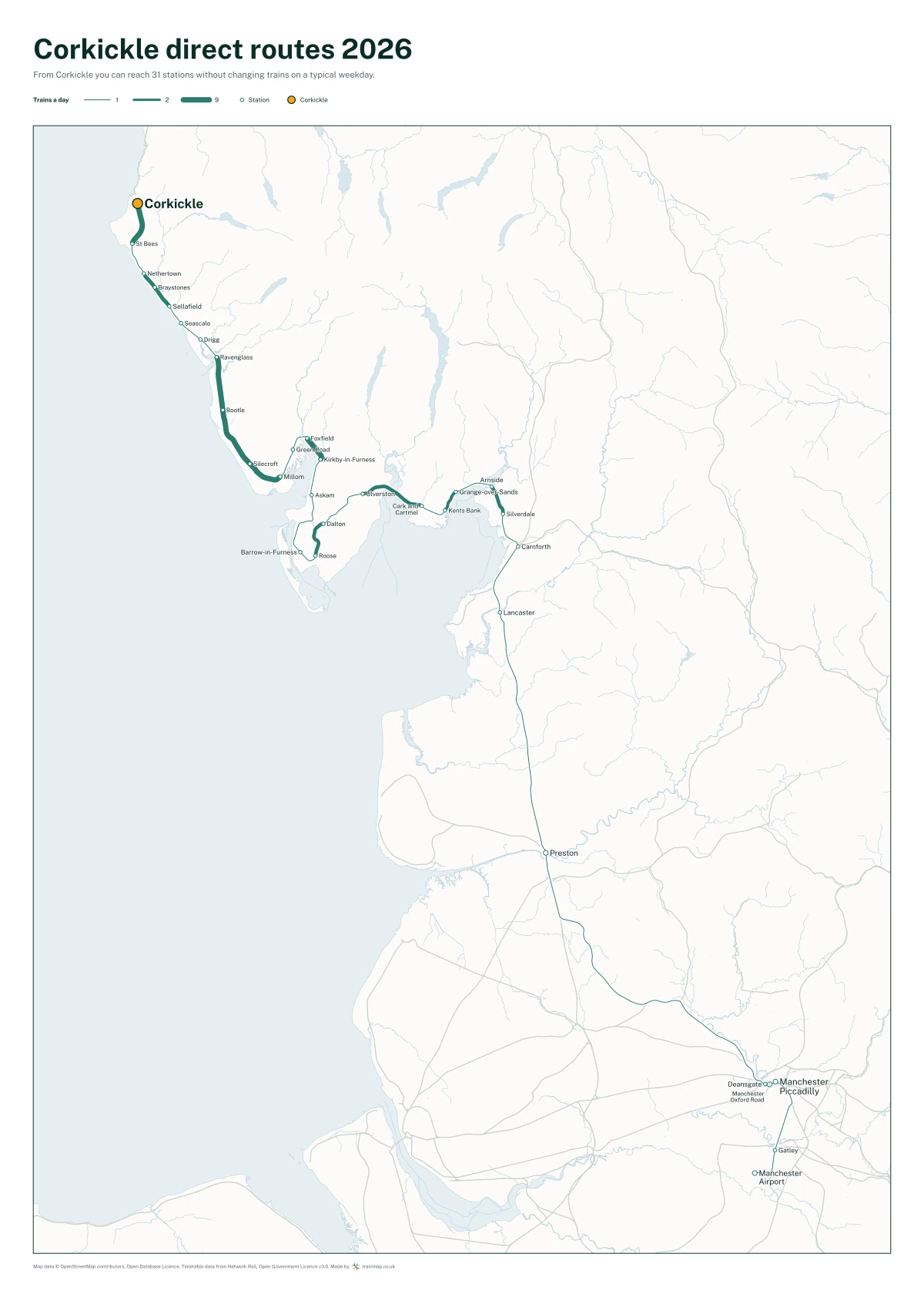 Corkickle direct routes 2026: a map of every station you can reach from Corkickle without changing trains, the lines thicker where more trains run