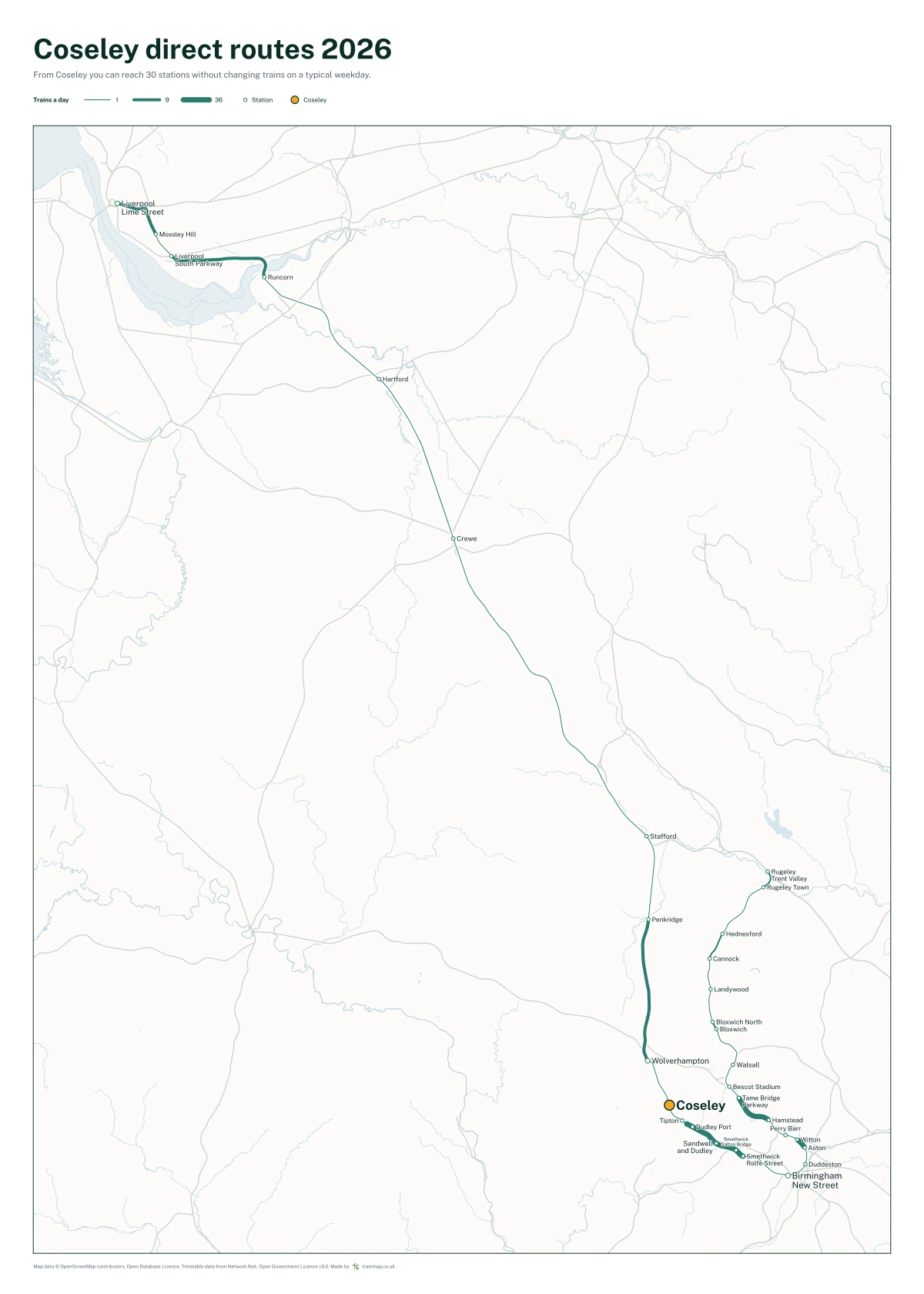 Coseley direct routes 2026: a map of every station you can reach from Coseley without changing trains, the lines thicker where more trains run