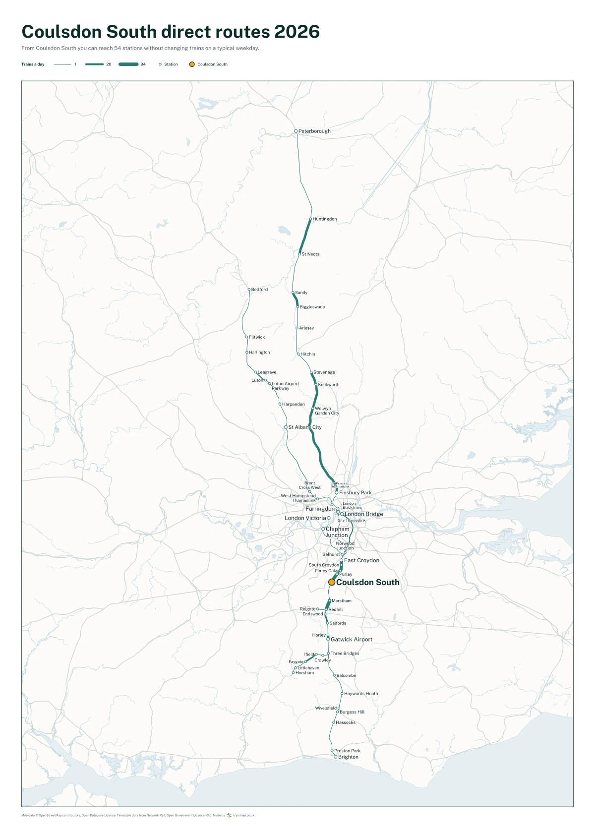 Coulsdon South direct routes 2026: a map of every station you can reach from Coulsdon South without changing trains, the lines thicker where more trains run