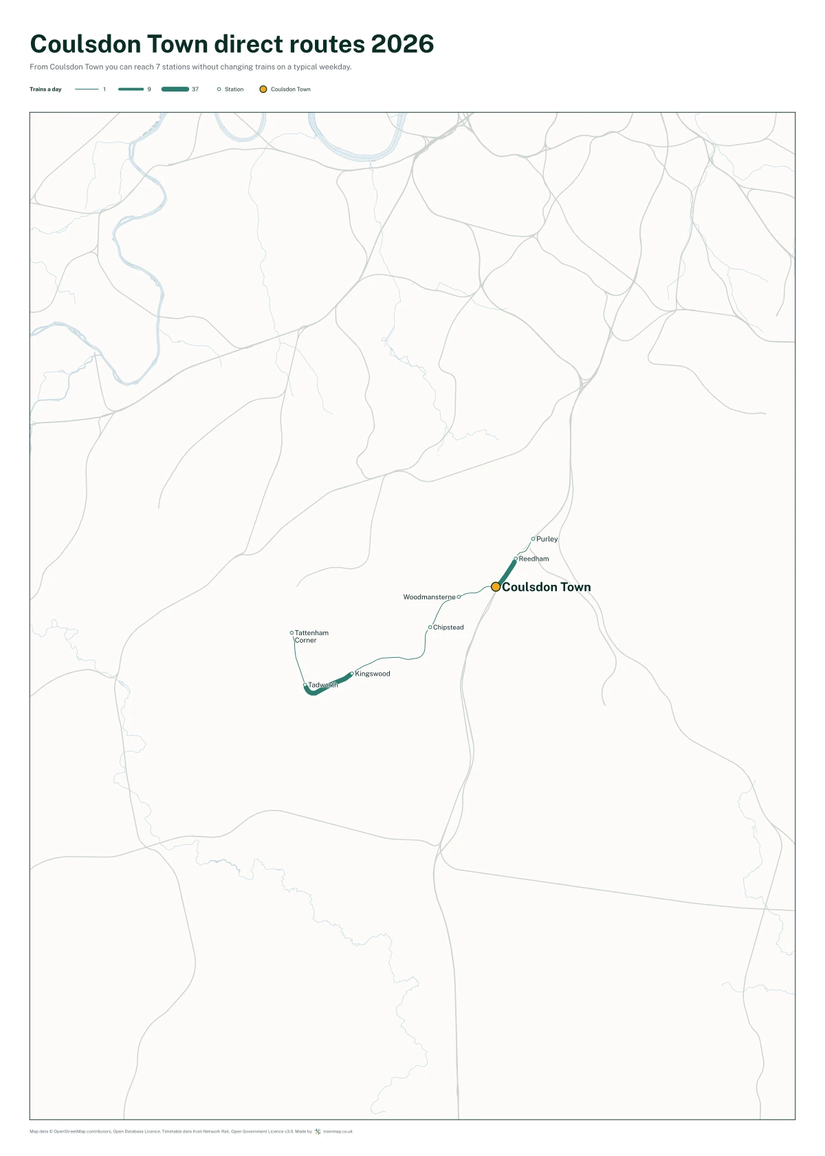 Coulsdon Town direct routes 2026: a map of every station you can reach from Coulsdon Town without changing trains, the lines thicker where more trains run