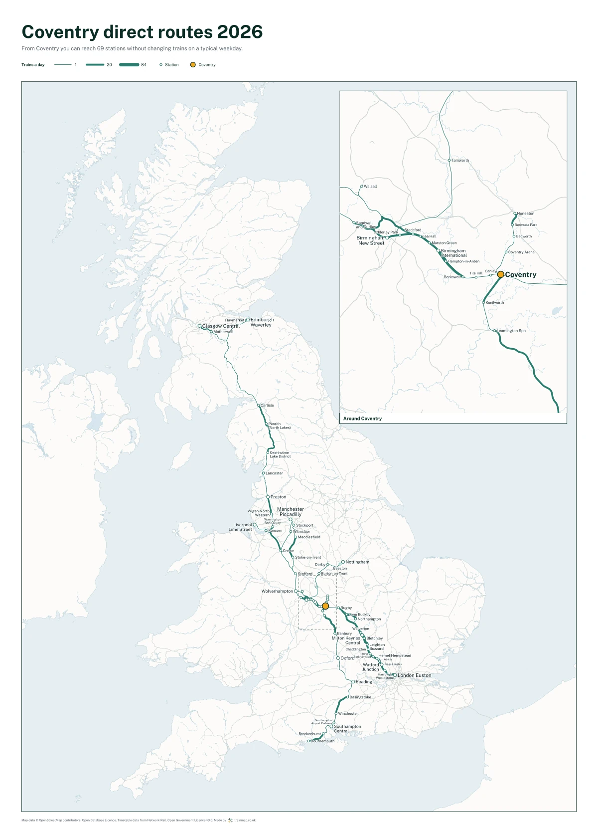 Coventry direct routes 2026: a map of every station you can reach from Coventry without changing trains, the lines thicker where more trains run
