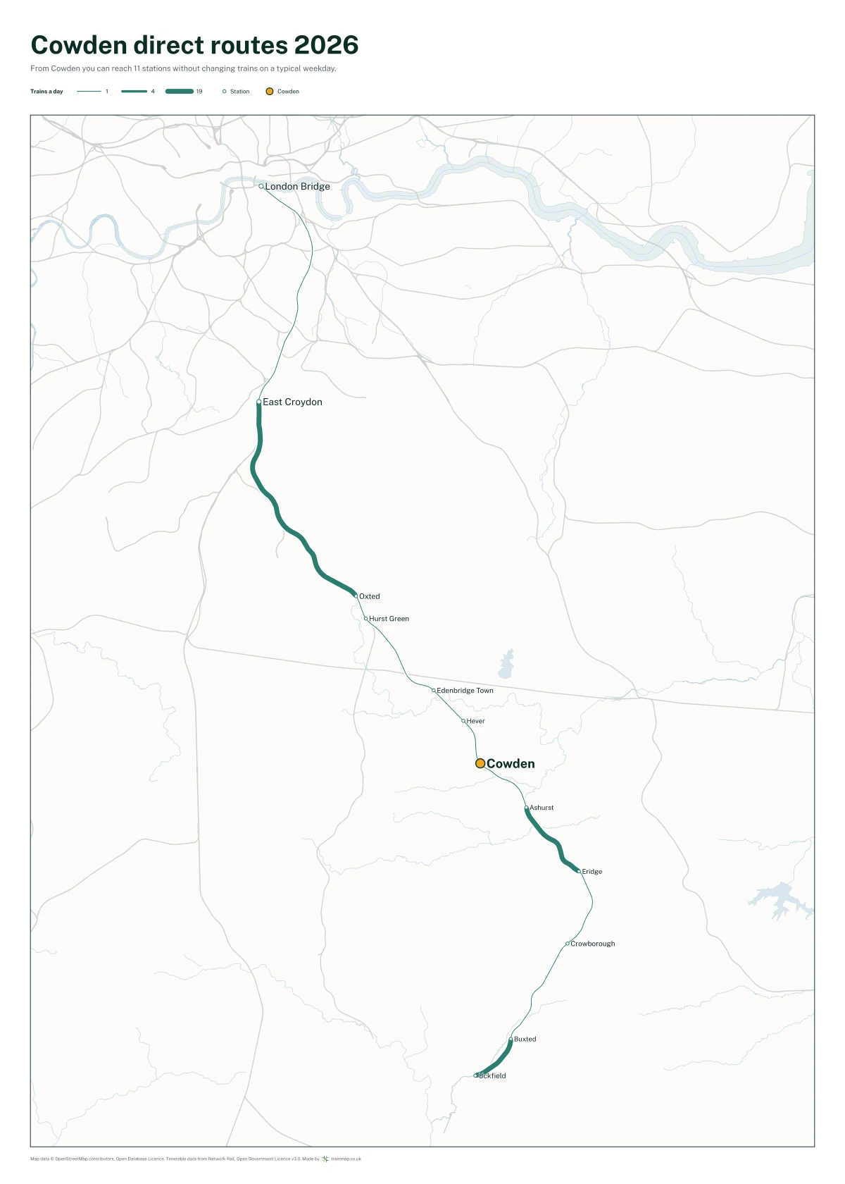 Cowden direct routes 2026: a map of every station you can reach from Cowden without changing trains, the lines thicker where more trains run
