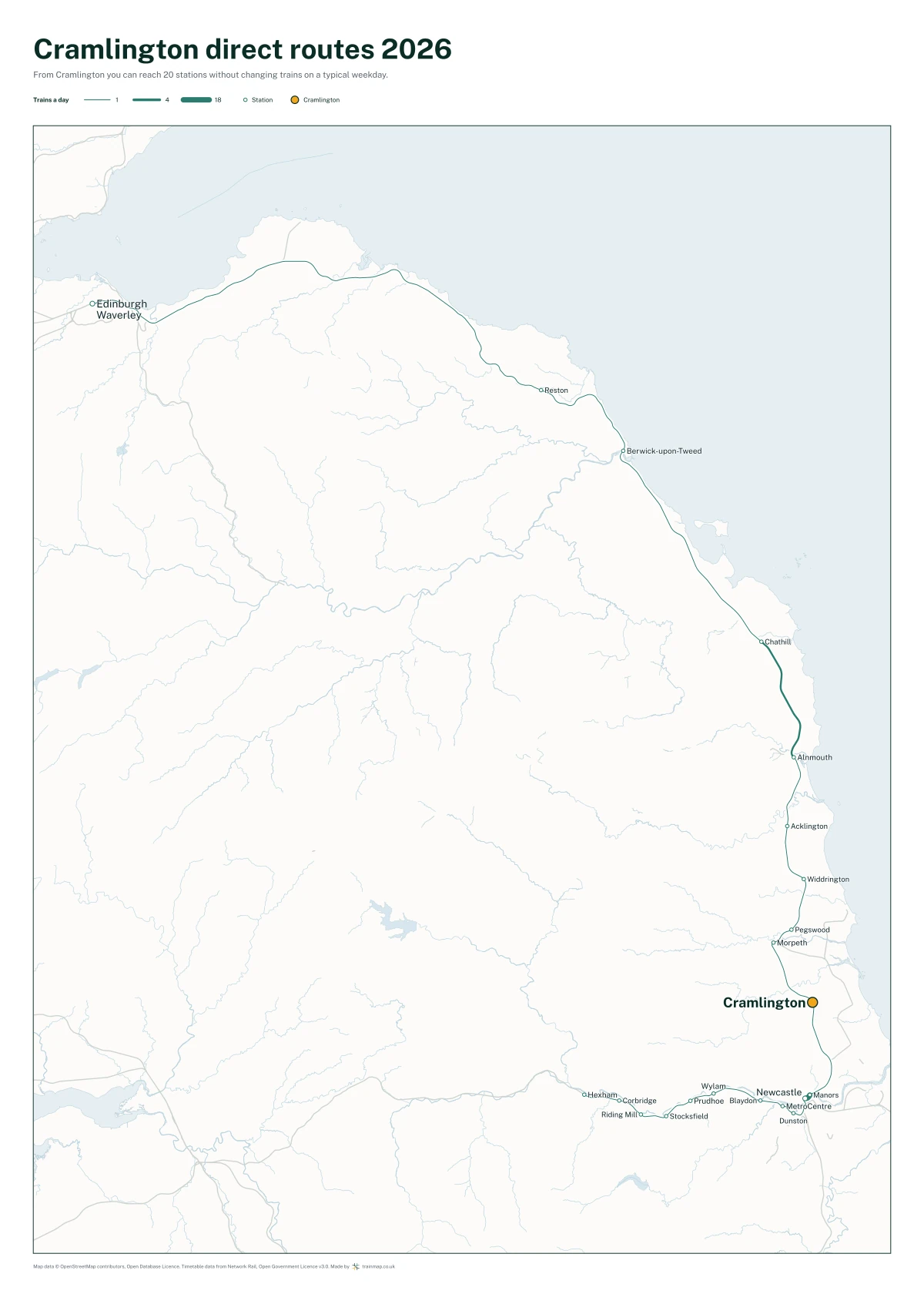 Cramlington direct routes 2026: a map of every station you can reach from Cramlington without changing trains, the lines thicker where more trains run